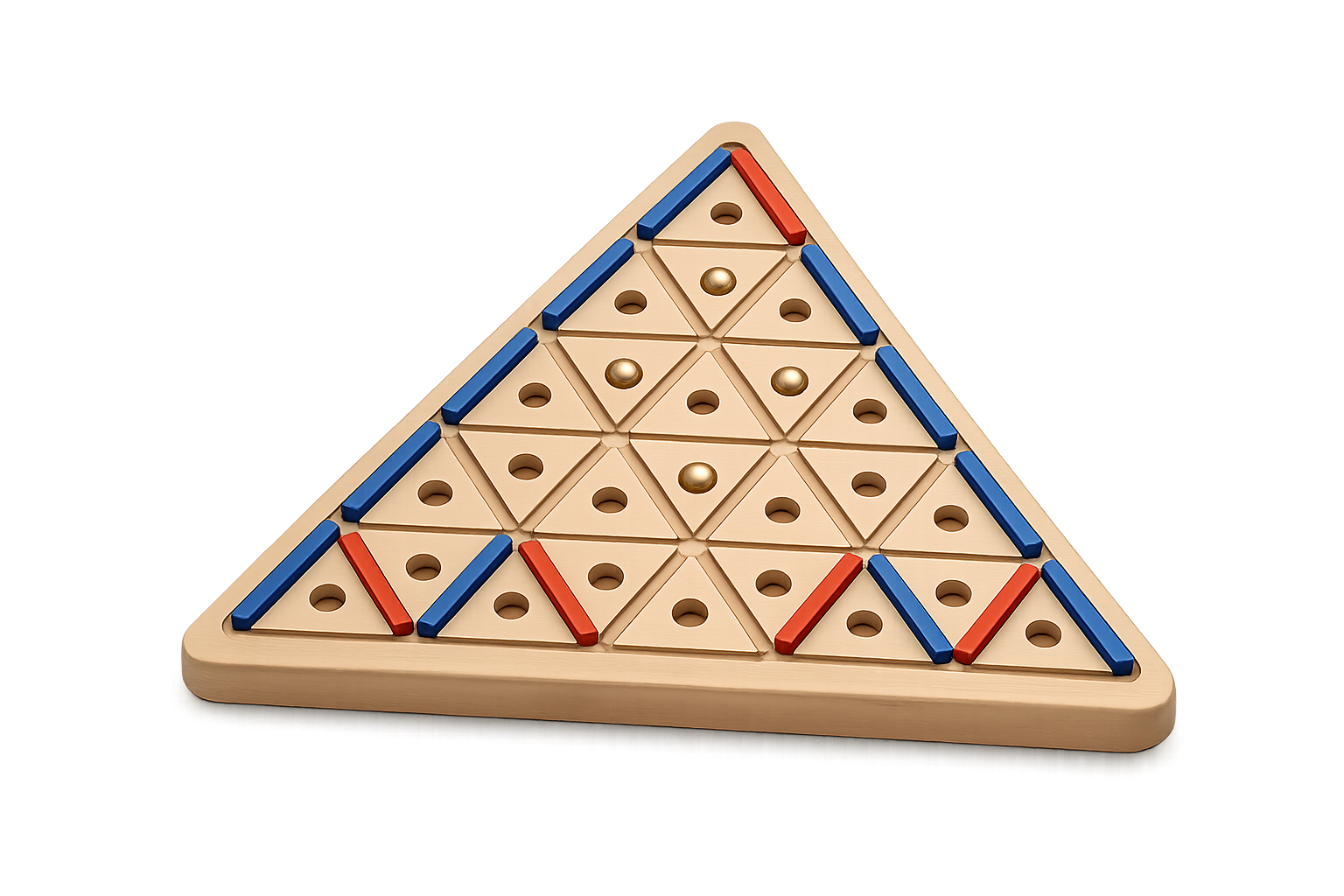 Triyra triangular wooden board with red and blue pieces and gold markers