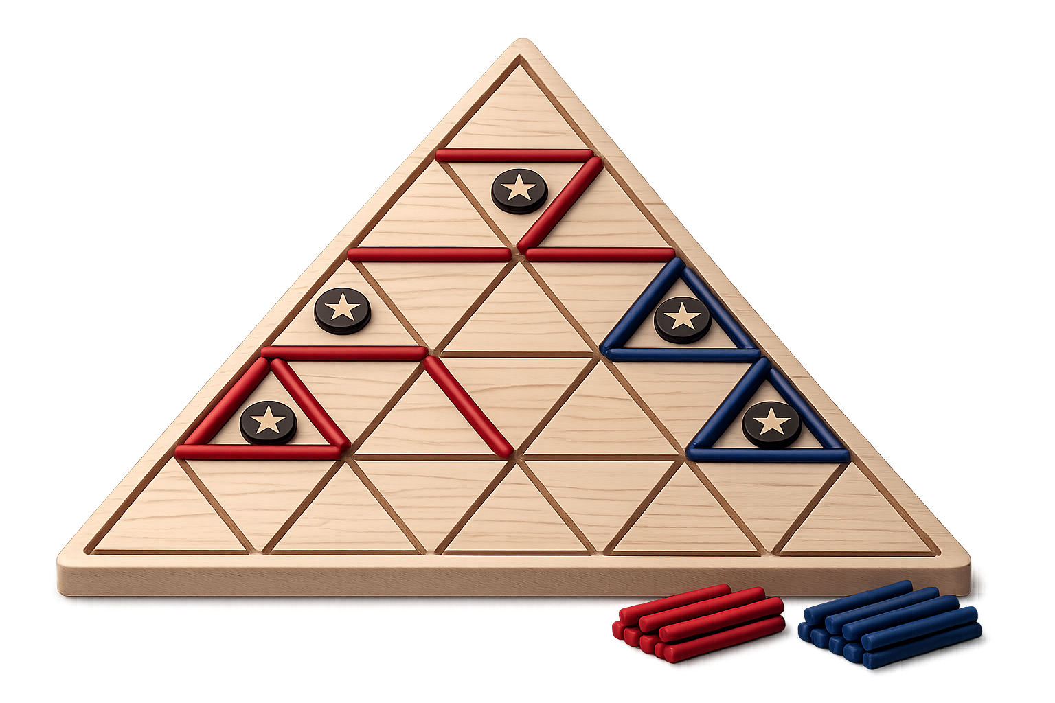 Triyra triangular wooden board with red and blue lines and Gold Star markers