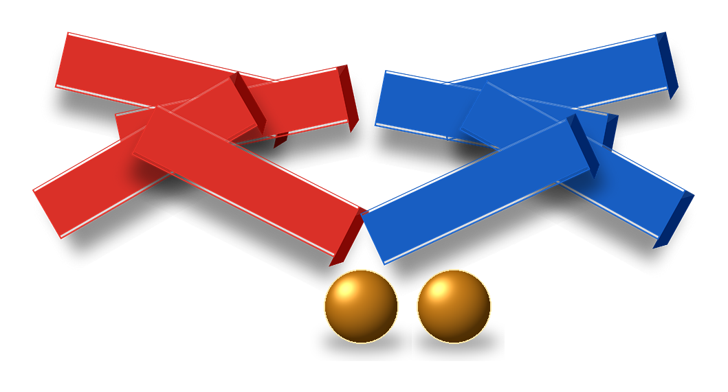 Four red and four blue Triyra pieces with two gold markers